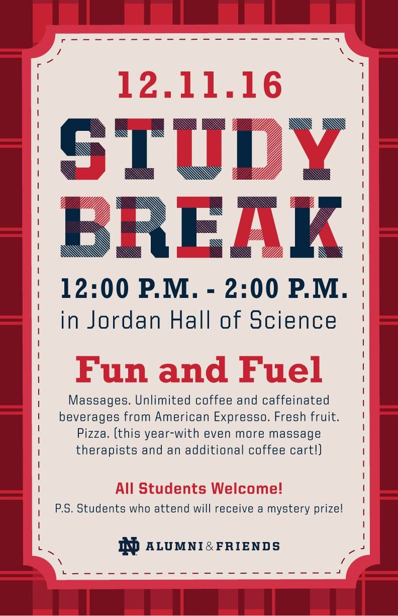 <a href="/NotreDame/">University of Notre Dame</a> Students- Head over to Jordan Hall of Science at Noon for a much needed study break! 📚☕️🍕🍏💆💆‍♂️