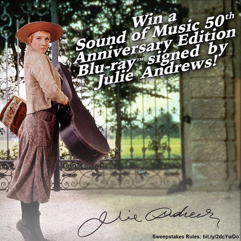 The Sound of Music (@soundofmusic) on Twitter photo RETWEET and FOLLOW <a href="/SoundofMusic/">The Sound of Music</a> for a chance to win a #SoundOfMusic Blu-ray™ signed by Julie Andrews! RETWEET and FOLLOW <a href="/SoundofMusic/">The Sound of Music</a> for a chance to win a #SoundOfMusic Blu-ray™ signed by Julie Andrews!