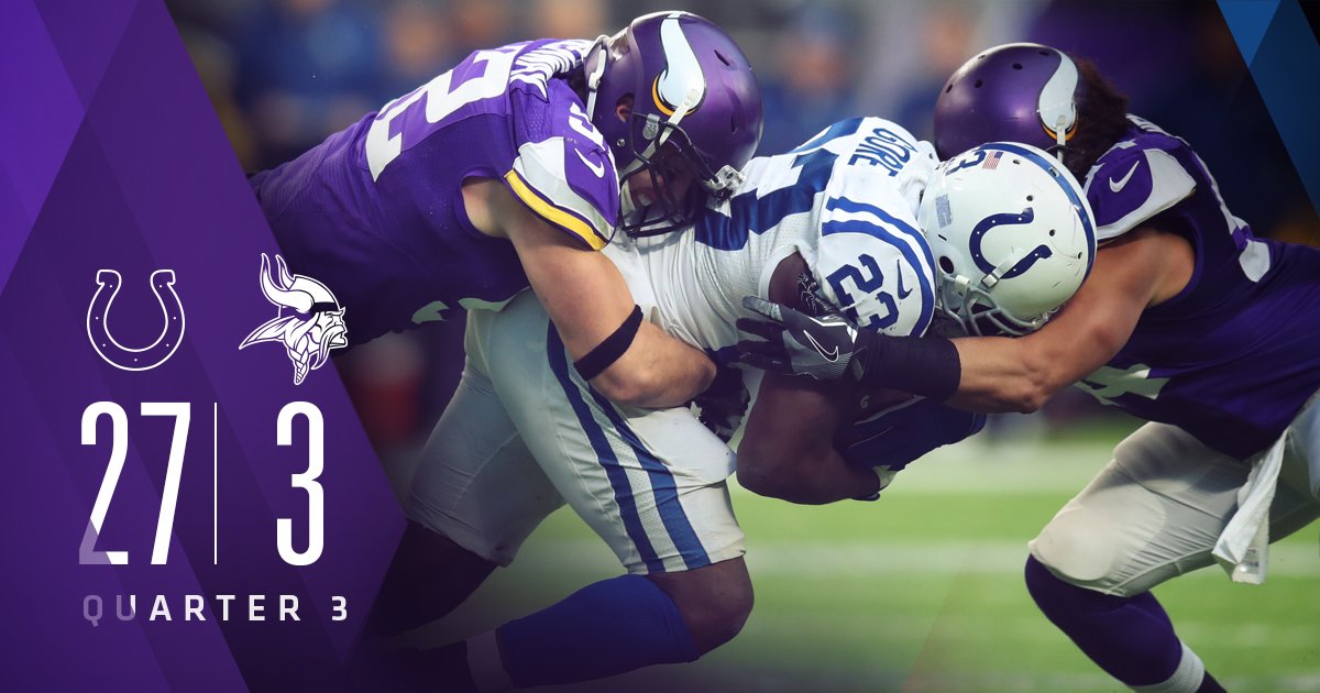 Vikings's tweet photo. #Vikings down 27-3 heading into the final quarter. https://t.co/kaAOjfH8o5
