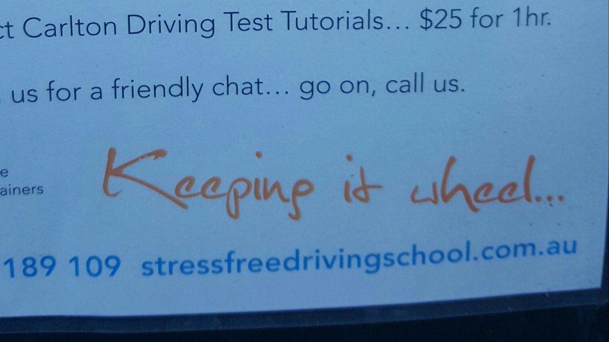 ReubenSady's tweet photo. Stress Free Driving School, where bad puns go to die. #KeepingItWheel https://t.co/3l9IHDrjU4