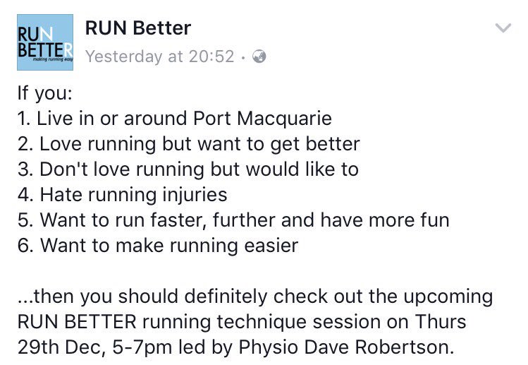 RunBetterAUS's tweet photo. Run Better returns to #PortMacquarie!
Thurs 29th Dec.
BOOK NOW: https://t.co/ucstI9sd1u
#makingrunningeasy 🏃🏽♀️🏃🏼👌🏽 https://t.co/NPgGhUAG14
