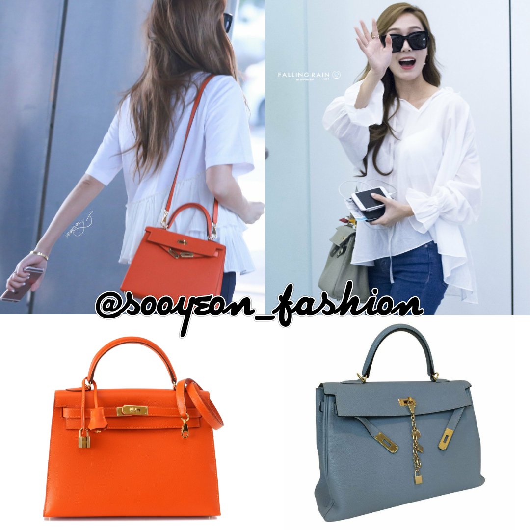 jsy fashion on X: #JessicaJung and her lovely HERMÈS bag: Kelly Togo  Orange, $16.900 Blue Lin, $19.500 #JessicaInWonderland #sicasairportfashion   / X