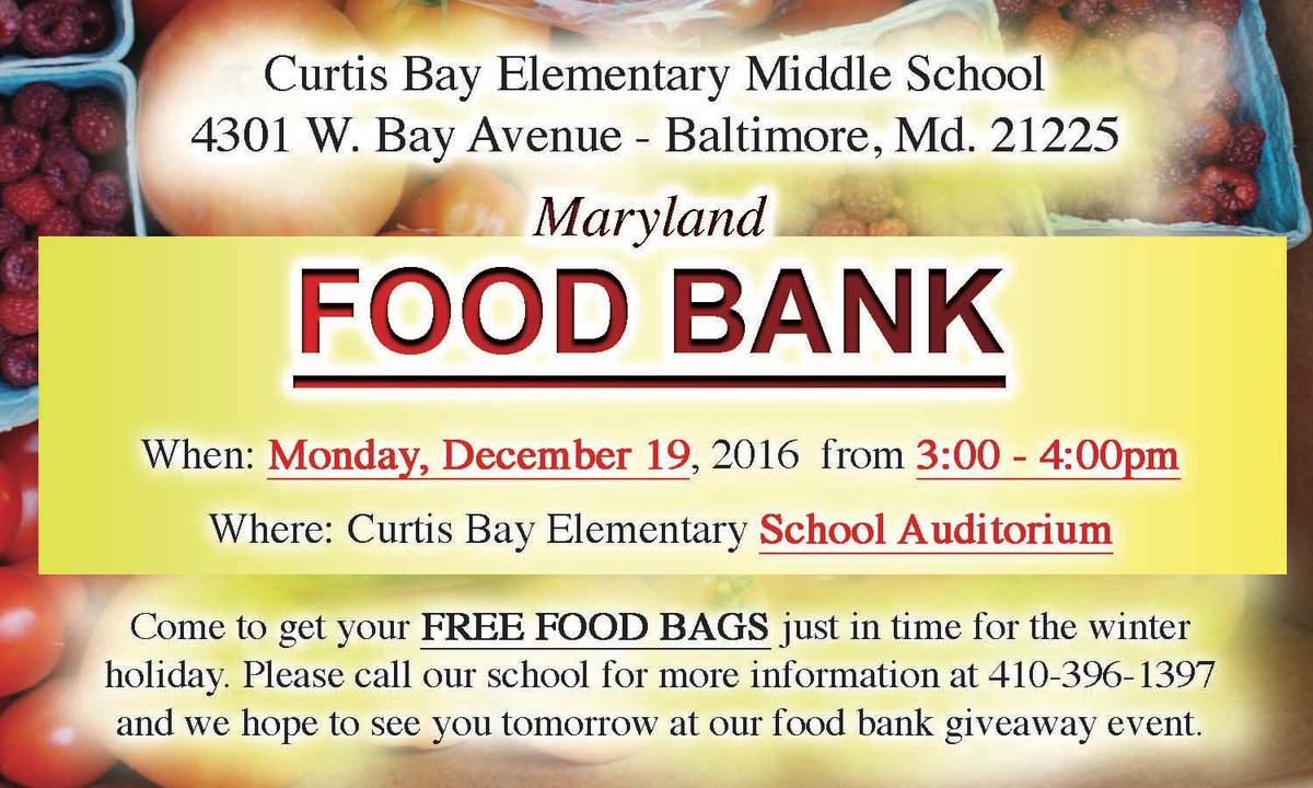 ATTN CURTIS BAY FAMILIES/COMMUNITY: Join Us tomorrow, Dec. 19th! Our  school will be hosting the MD Food Bank from 3-4pm!! <a href="/cbemschool/">CBEMS</a>