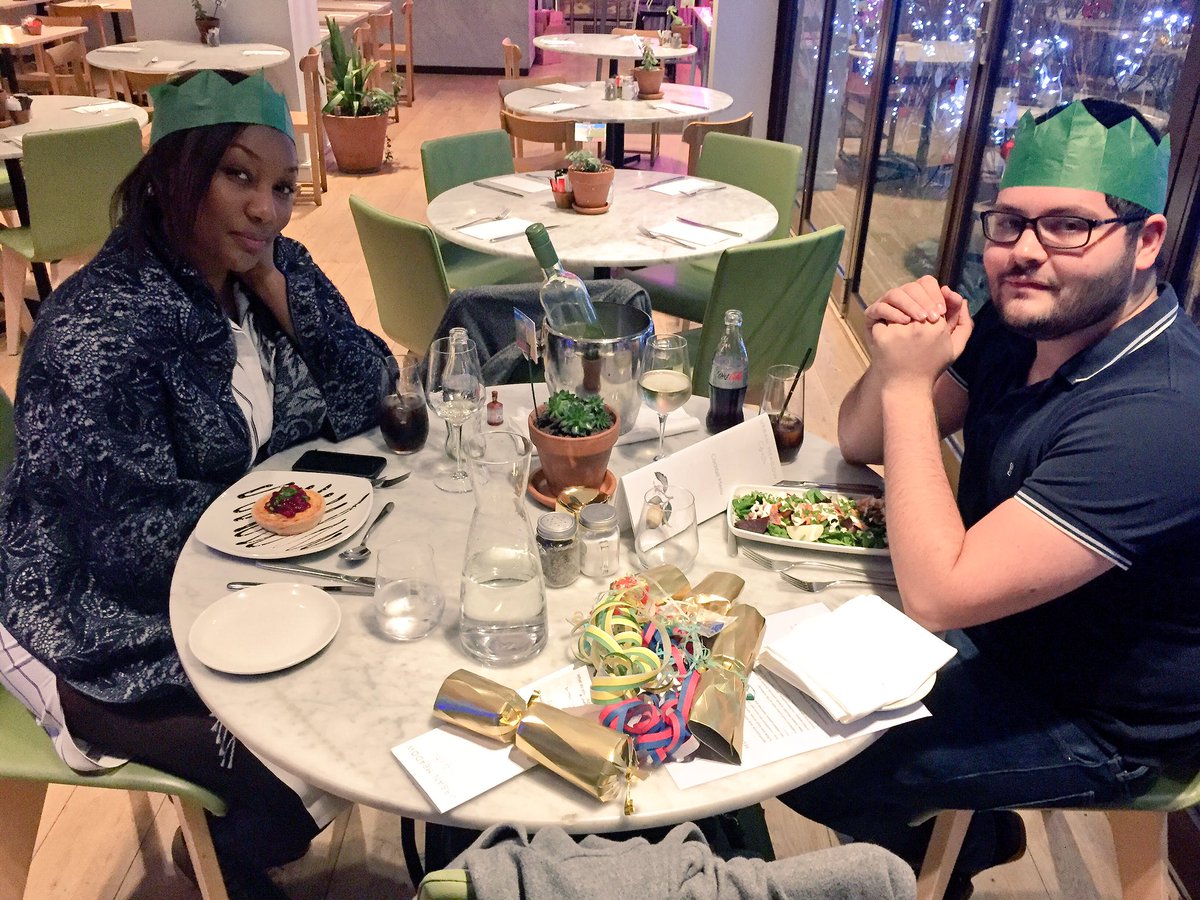 Our <a href="/Urban_Meadow/">Urban Meadow</a> starters of brie, carmalized onion and cranberry tart and salmon, beetroot and potato salad. Also we look adorable. 🌲