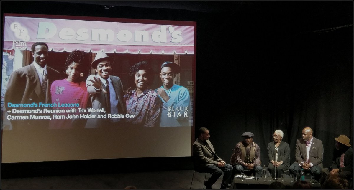 CultureKinetica's tweet photo. #BFIBlackStar revisits #Desmonds. @_Ash_Clark in conversation w/ creator #TrixWorrell &amp; cast #CarmenMunroe #RobbieGee #RamJohnHolder at @BFI https://t.co/hkJHA99Lry