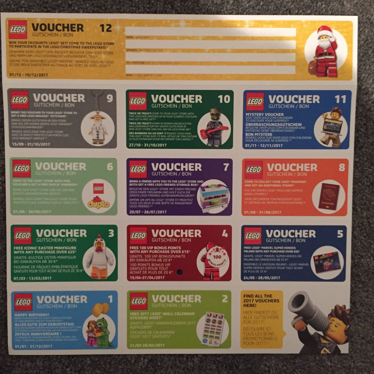 12 vouchers available in 2017 #LEGO calendar. Available to pick up in LEGO Store until 15/01/17