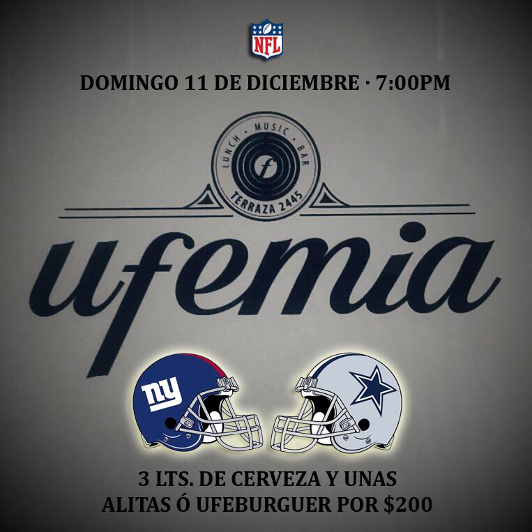 Ufemia_Bar's tweet photo. Juegazo entre #Giants y #Cowboys que transmitiremos en #Ufemia.

#PROMO:3 litros de chela y unas alitas o una #ufeburguer por $200 https://t.co/o6d3oTjfEm