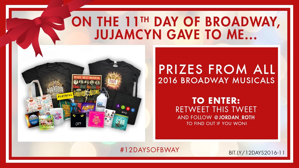 Jordan_Roth's tweet photo. On the 11th day of #12DaysofBway: Follow &amp; RT to win prizes from ALL 2016 Broadway musicals! https://t.co/QhhhLYnZWl