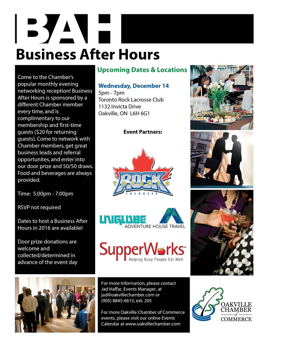 OakvilleChamber's tweet photo. Join us Wednesday @TorontoRockLax for Business After Hours in partnership with @UniglobeTravel &amp; @SupperWorks ! https://t.co/8fIDc3kM6J #BAH https://t.co/AZrrVTaFcB