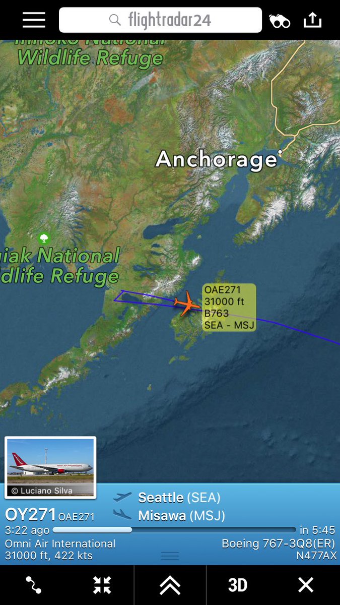 TomPodolec's tweet photo. DIVERSION Omni Air #OY271 Seattle to Misawa returning to Seattle. Unknown reason. https://t.co/KWBcuGYLL8