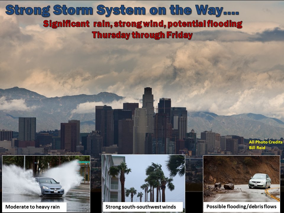 NWSLosAngeles's tweet photo. Rain on the way for Thursday and Friday! Potential for moderate to heavy rain and strong S-W winds. Stay tuned! #cawx #LArain https://t.co/2tgwfT1eJa