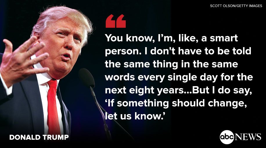 ABC's tweet photo. Trump says he doesn't need presidential intelligence briefings that say the "same thing" every day https://t.co/ipGLVKlXxV https://t.co/VpBkRza2GR