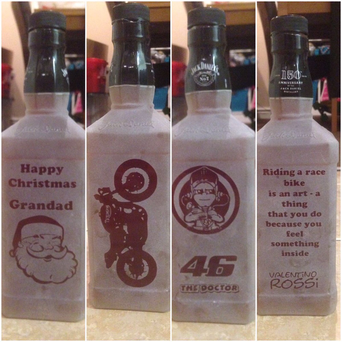 monkeydebris_c's tweet image. Frosted @JackDanielsUK bottle. Gift for Grandad, a huge @ValeYellow46 fan.