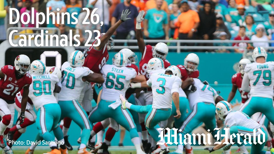HeraldSports's tweet photo. Thanks to a last-second field goal by Andrew Franks, the Miami Dolphins defeat the Arizona Cardinals 26-23. https://t.co/mhkQLBLLu3