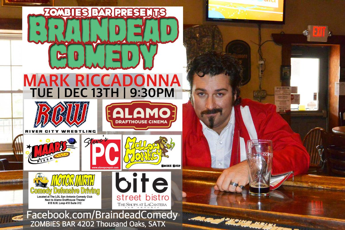 y2koolaid's tweet photo. #BraindeadComedy! Jokes! Drinks! Prizes all in 1 night @ZombiesBar1 Headliner @MarkRiccadonna Next Tuesday! TY to @rcwforever @maarspizza https://t.co/Aw1Qq9pGNy