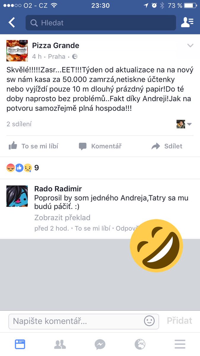 benderkiller's tweet image. Ze života a problémů EET. Pizza Grande a fb post o jejich zamrzání systému. #eet #fail #zamrzlyvsechnycdromy