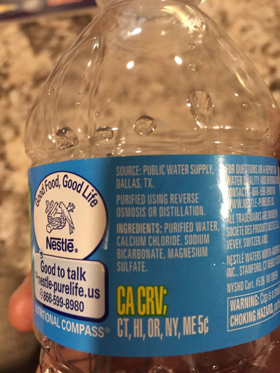 kurteichenwald's tweet photo. A moment of levity: My wife just noticed Nestle's bottled water basically comes out of the tap. Read what it lists as "source" of water: https://t.co/2CBNlrDUO8