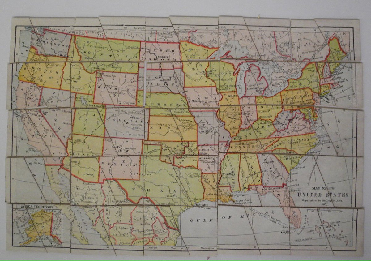 mapmanTENN's tweet image. Dissected Map of the United States. Copyrighted by McLoughlin Bro’s 1887. Complete, near mint condition. #mappuzzle antiquemapsandglobes.com/books_one_book…