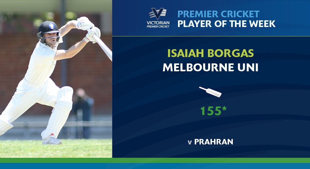 Vic Premier Cricket (@vicpremcricket) on Twitter photo Congratulations Isaiah Borgas from <a href="/MelbUniCC/">Melbourne University Cricket Club</a>, our men's Player of the Week winner. Congratulations Isaiah Borgas from <a href="/MelbUniCC/">Melbourne University Cricket Club</a>, our men's Player of the Week winner.