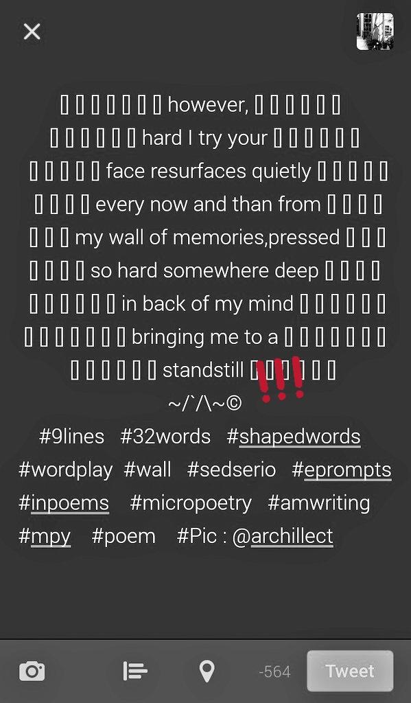 Mona_adorable's tweet photo. #9lines #32words #shapedwords #wordplay #wall #sedserio #eprompts #inpoems #micropoetry #amwriting #mpy #poem #Pic : @archillect https://t.co/5Zo0AGhu0L