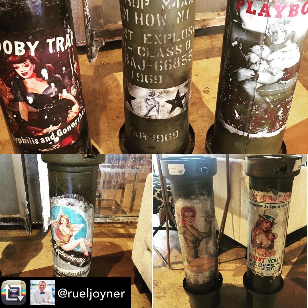 Repost from @rueljoyner Vietnam era 155 mm Howitzer Canisters with art. #24estyle #24edesignco #interiordesign #savannah #america #vintage