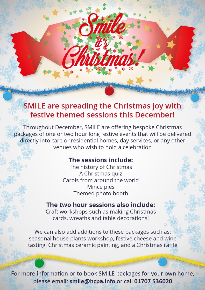 HertsSMILE's tweet photo. SMILE... it's Christmas! We can bring the festive cheer to your care home with a bespoke Christmas event https://t.co/wJCpR9azSt