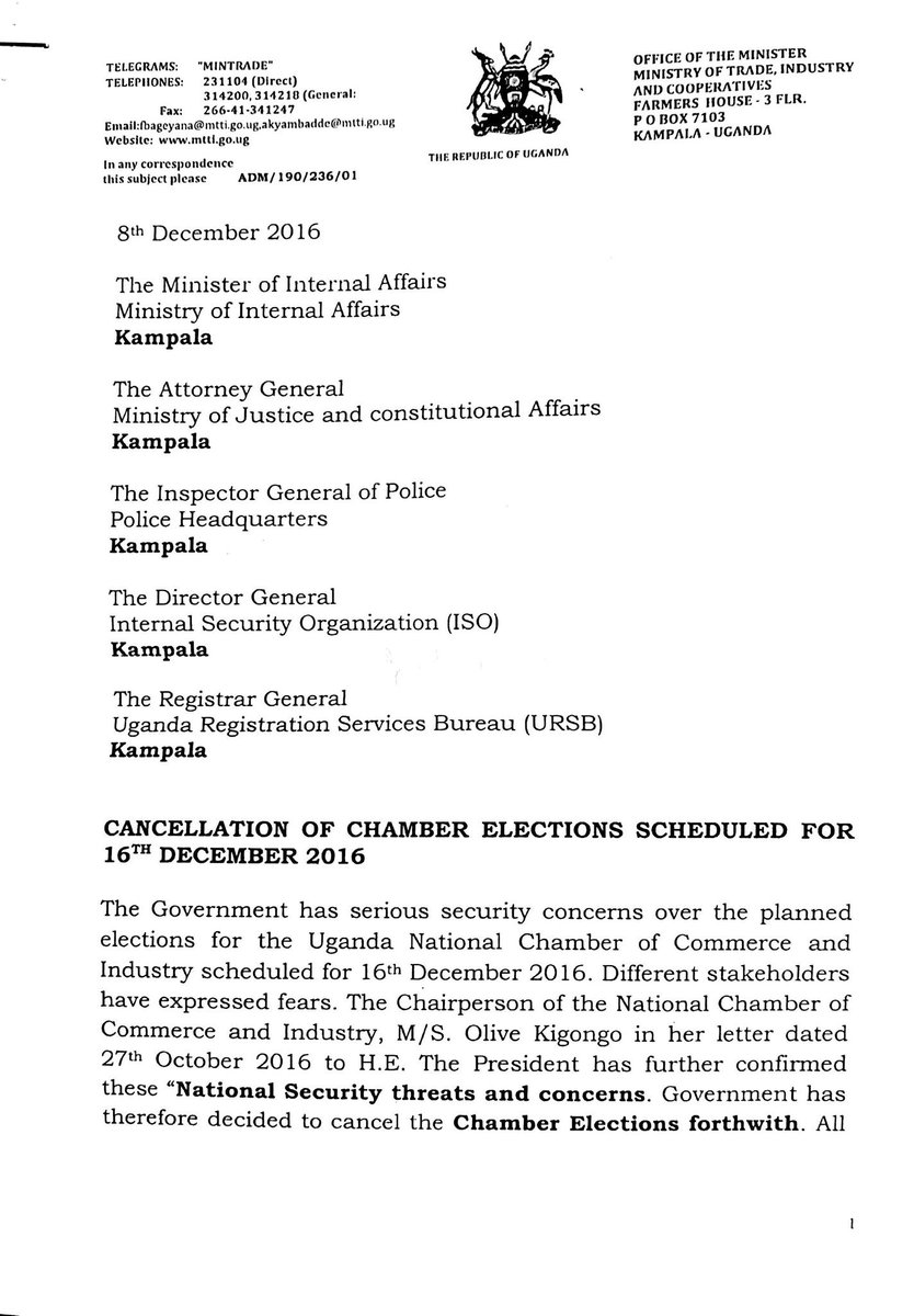 andrewrugasira's tweet photo. The Chamber Elections for 16 December have been CANCELLED. @Kasabiiti @rkabushenga @skaheru @KKariisa @AndrewMwenda @cobbo3 @dfkm1970 https://t.co/xOXqdmQFZE