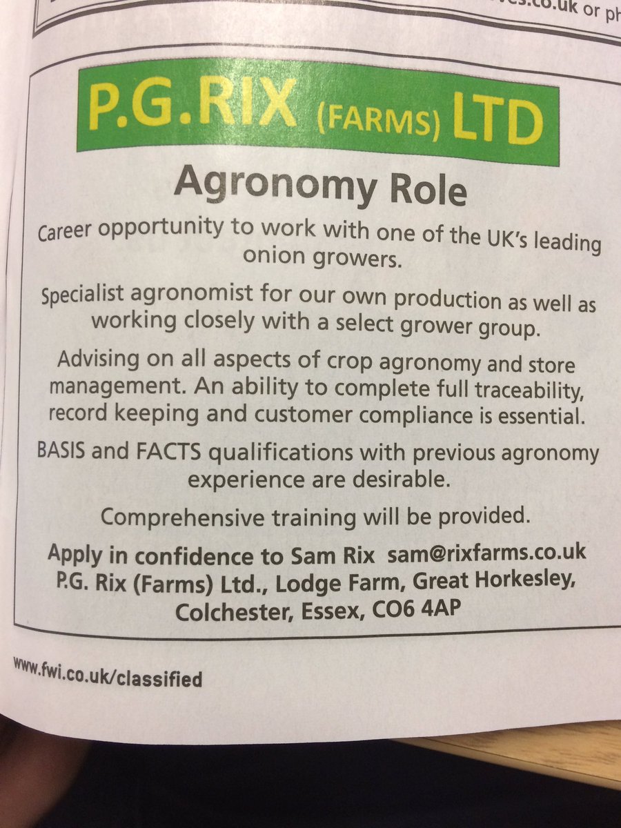 Advertising for an agronomist to join our team. Please see our website (rixfarms.co.uk) or Farmers Weekly advert for more details