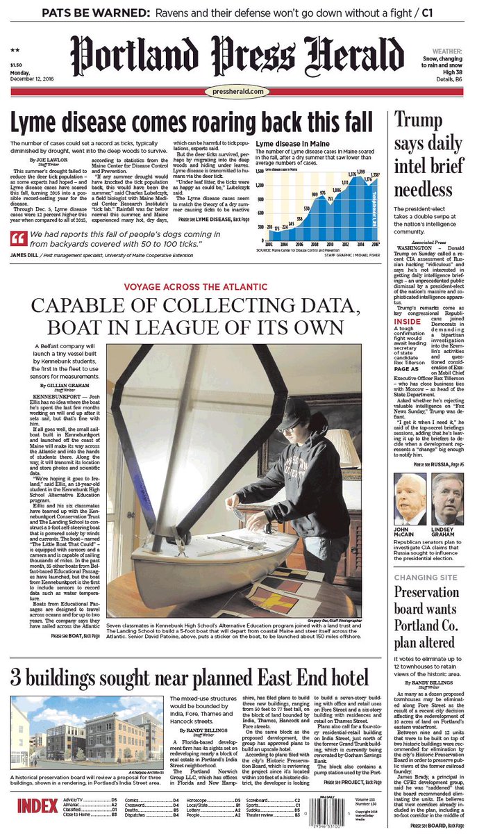 Today's Portland Press Herald front page, Monday, December 12, 2016 ...