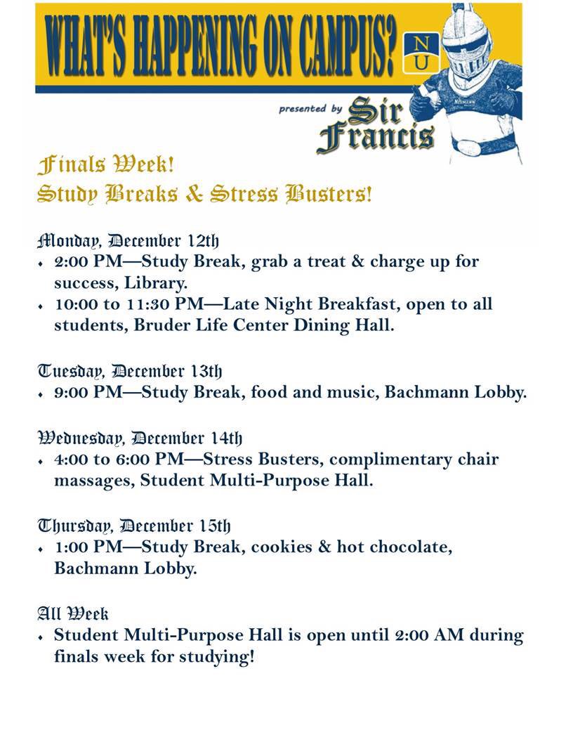 ResLife_Neumann's tweet image. Finals Week! Best of luck to everyone! Keep an eye out for stress busters and activities around campus