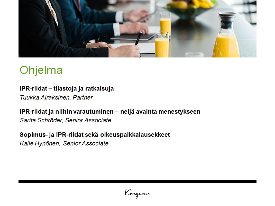 SaritaSchroder's tweet photo. Huomisessa #LakisääteisetAamukahvit -seminaarissamme aiheena #IPR-riidat monipuolisesti eri näkökulmista #KrogerusEvents #lakifi https://t.co/CDcgBdL5xH