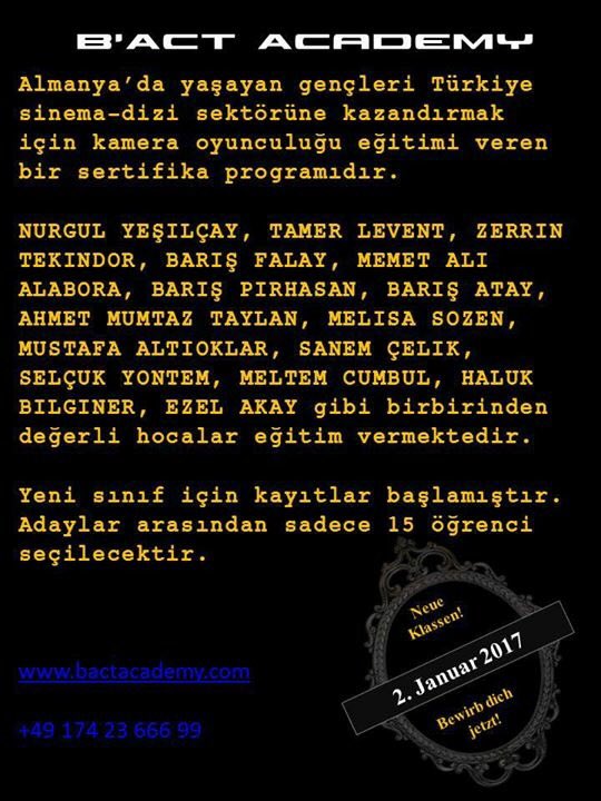 Dizi ve filmlerde yer almak istersen çok çalişman gerek. NURGÜL YEŞILÇAY da B'ACT ACADEMY'DE oyunculuk dersi veriyor. <a href="/nrglyslcy/">Nurgül Yeşilçay</a>