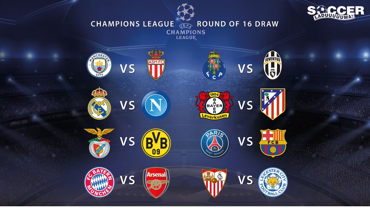 Soccer_Laduma's tweet image. Some tough match-ups in the #UCL last 16 draw, which matches are you looking forward to the most?