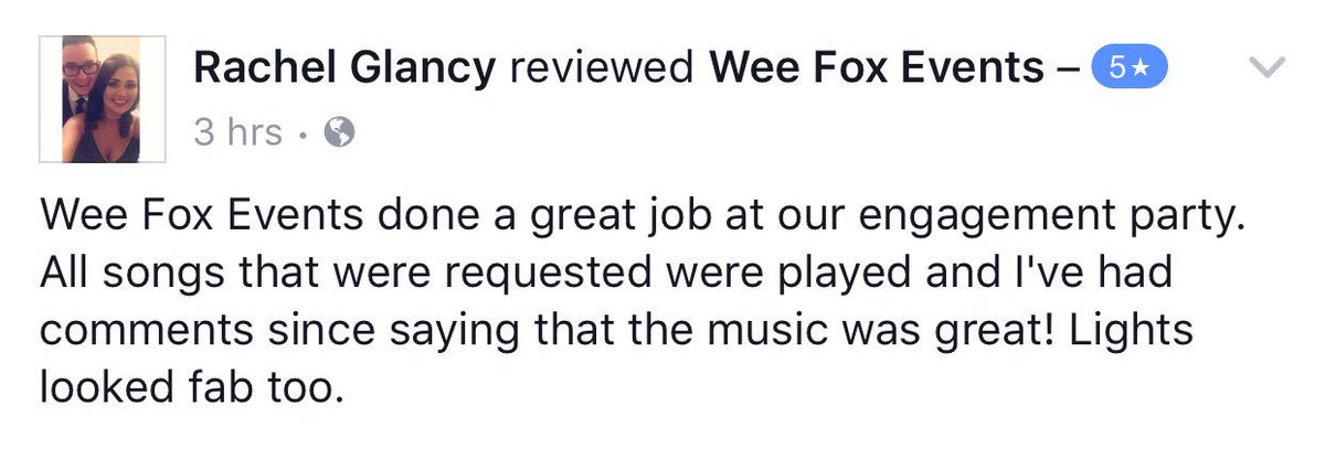 WeeFoxEvents's tweet photo. Customer Review (Engagement Celebration) #Dumbarton #Mobiledj #mobiledisco https://t.co/IPCOwT17Tp
