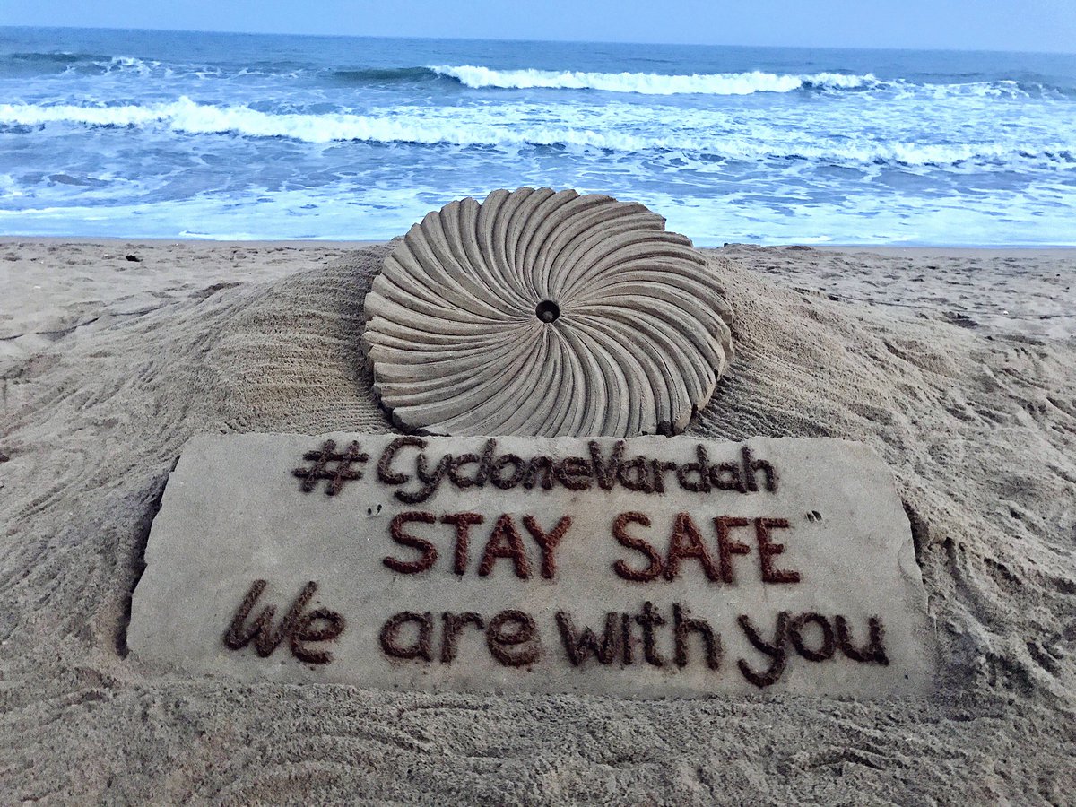 sudarsansand's tweet photo. My SandArt on #CycloneVardah with message "Stay Safe " We are with  #Cyclone victims , at Puribeach in Odisha https://t.co/5M1ztPc9SJ