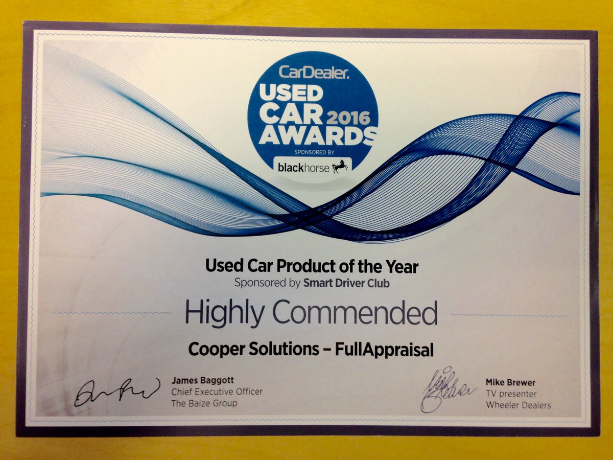 CooperSolutions's tweet photo. Very pleased to have received our Highly Commended certificate @CarDealerMag #UCA2016 #fullappraisal https://t.co/9EF6WmewxO