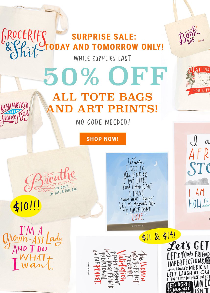 EmandFriendsCo's tweet image. What?! 50% off ALL totes &amp;amp; prints at emilymcdowell.com today &amp;amp; tomorrow only! Please RT: you could win a $50 GC &amp;amp; I will also love you
