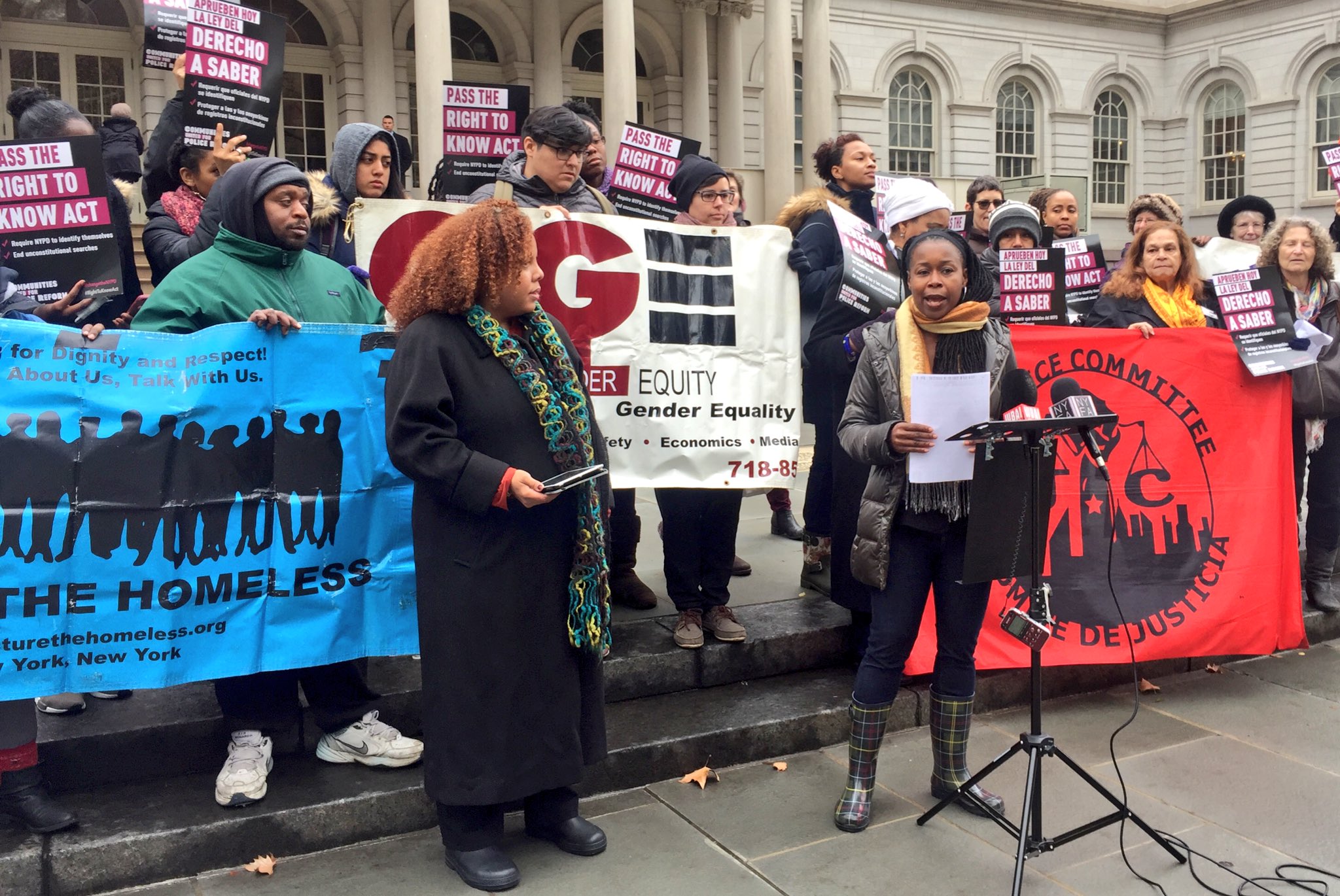 Monifa Bandele of MomsRising speaks and Joanne Smith of GGE on the left