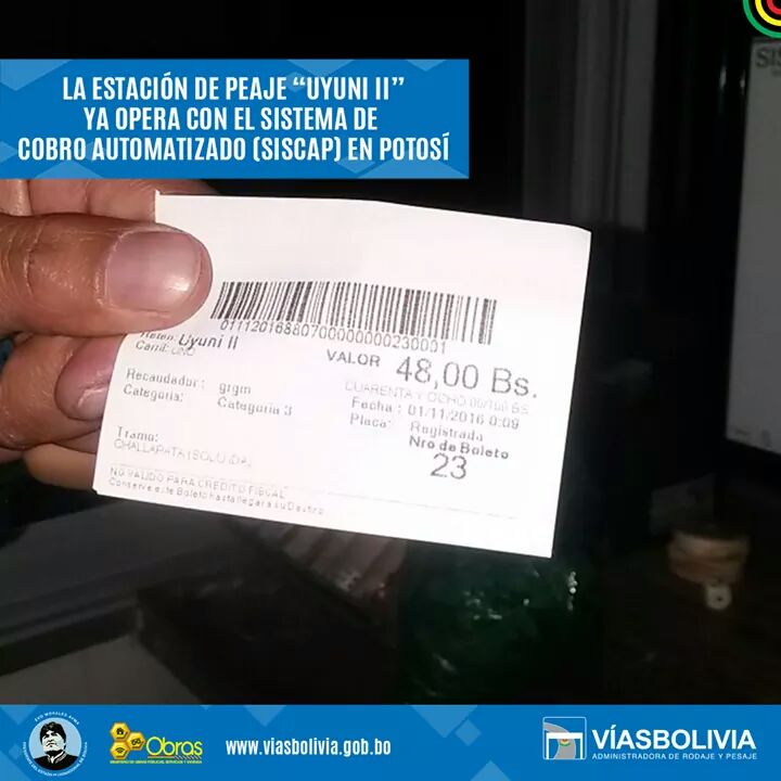 ViasBoliviaNal's tweet photo. Desde las cero horas del 1 de Noviembre la estación de #peaje "Uyuni II" opera con #Siscap @mopsv_bolivia https://t.co/hxyMxmMkXe
