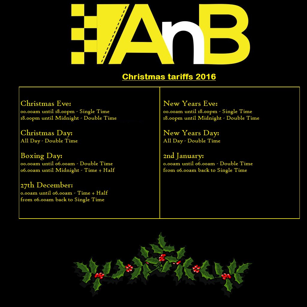 Anbcars's tweet image. Wondering what rates we are charging over Christmas?? Here's our Christmas Tariffs. #Xmas