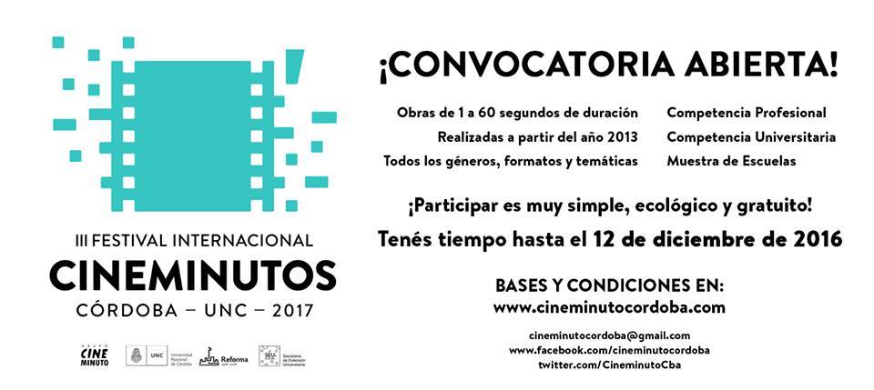 Hasta HOY #Convocatoria Festival Internacional <a href="/CineminutoCba/">Cineminuto Córdoba</a> con la Universidad Nacional de Córdoba, ARG + info cineminutocordoba.com