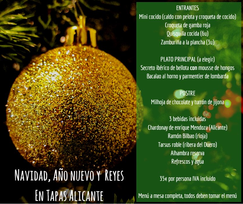 tapasalicante's tweet photo. ¿Sabes ya dónde comer el día 25 de Diciembre?

Tenemos un menú informal pero especial para celebrar estas fiestas en Tapas Alicante https://t.co/cMCy12hpLW