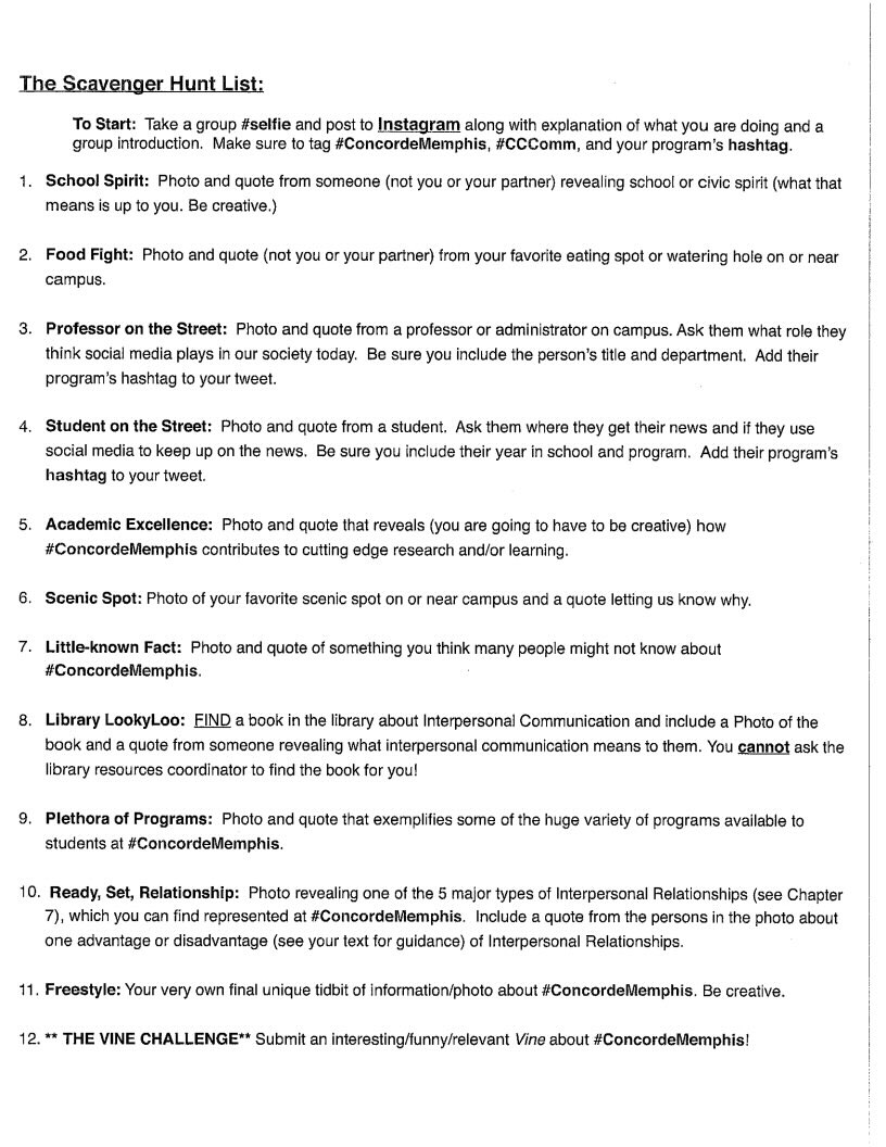 ConcordeCareer's tweet photo. #ConcordeMemphis #MondayMorning #MondayFunday: @RobinMonkey communication students launch #TwitterScavengerHunt using this list. Here we go! https://t.co/mSjx0l6dp8