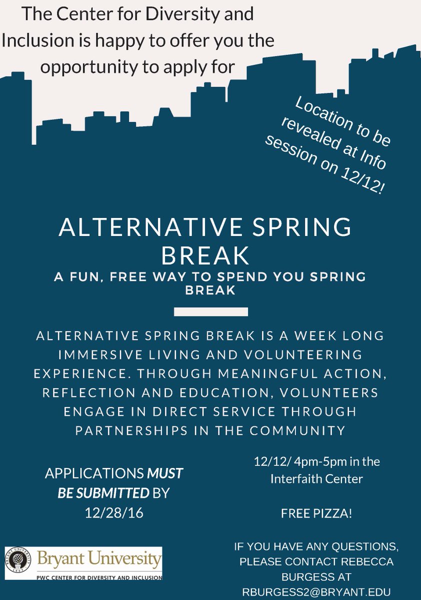 Alternative Spring Break Info Session Today!! Come to the Interfaith Center at 4:00pm to learn more about this great opportunity!