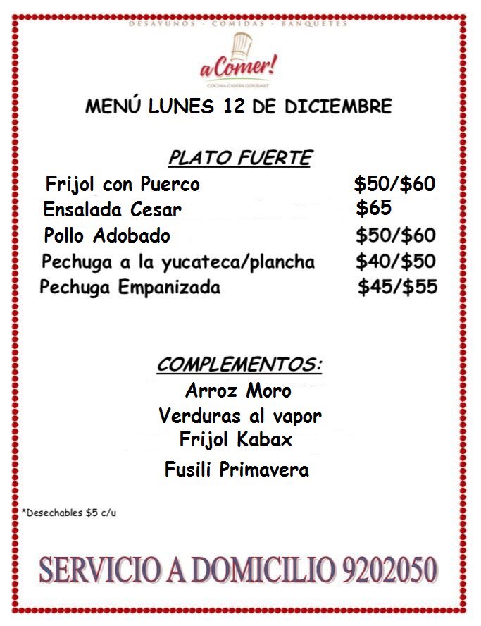 aComerMerida's tweet image. #aComer Frijol c/puerco, Ensalada Cesar, Pollo adobado, Pechugas.
Pedidos 9202050/9999979750