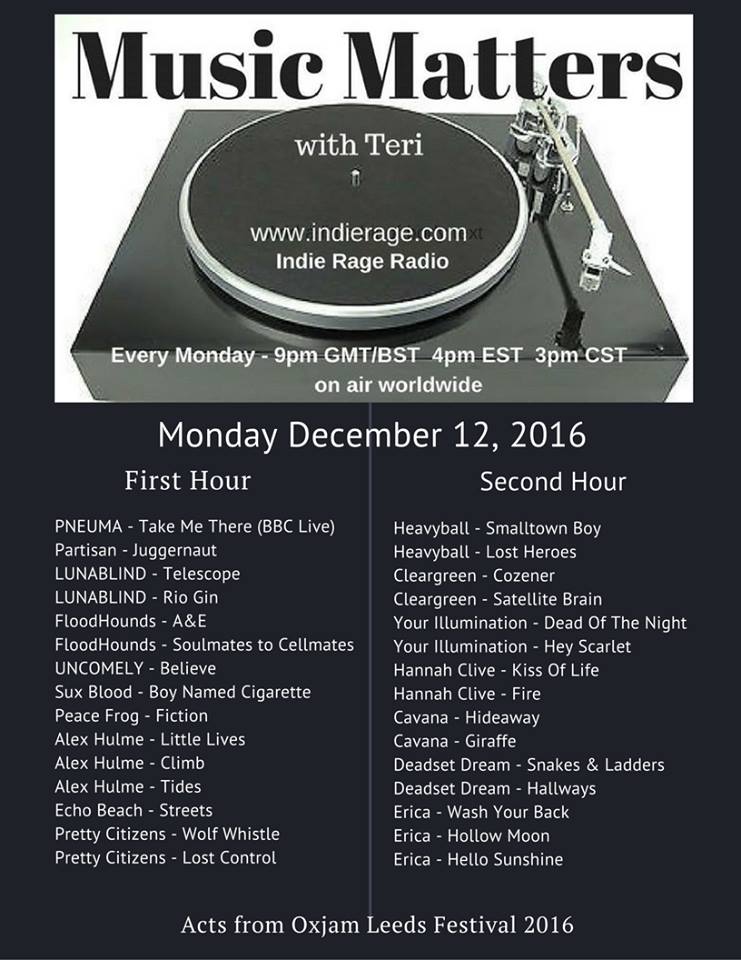 HeavyEnough Hour with Teri (@musicmatterstee) on Twitter photo Today's #MuicMatters <a href="/IndieRageRadio/">Indie Rage Radio</a>
🎶 from the acts at <a href="/Oxjam_Leeds/">Oxjam Leeds</a> #1
feat <a href="/echobeachmusic/">Echo Beach</a> <a href="/PrettyCitizens/">Pretty Citizens</a> <a href="/Heavyballreal/">Heavyball</a> <a href="/cleargreenmusic/">CLEARGREEN</a> Today's #MuicMatters <a href="/IndieRageRadio/">Indie Rage Radio</a>
🎶 from the acts at <a href="/Oxjam_Leeds/">Oxjam Leeds</a> #1
feat <a href="/echobeachmusic/">Echo Beach</a> <a href="/PrettyCitizens/">Pretty Citizens</a> <a href="/Heavyballreal/">Heavyball</a> <a href="/cleargreenmusic/">CLEARGREEN</a>