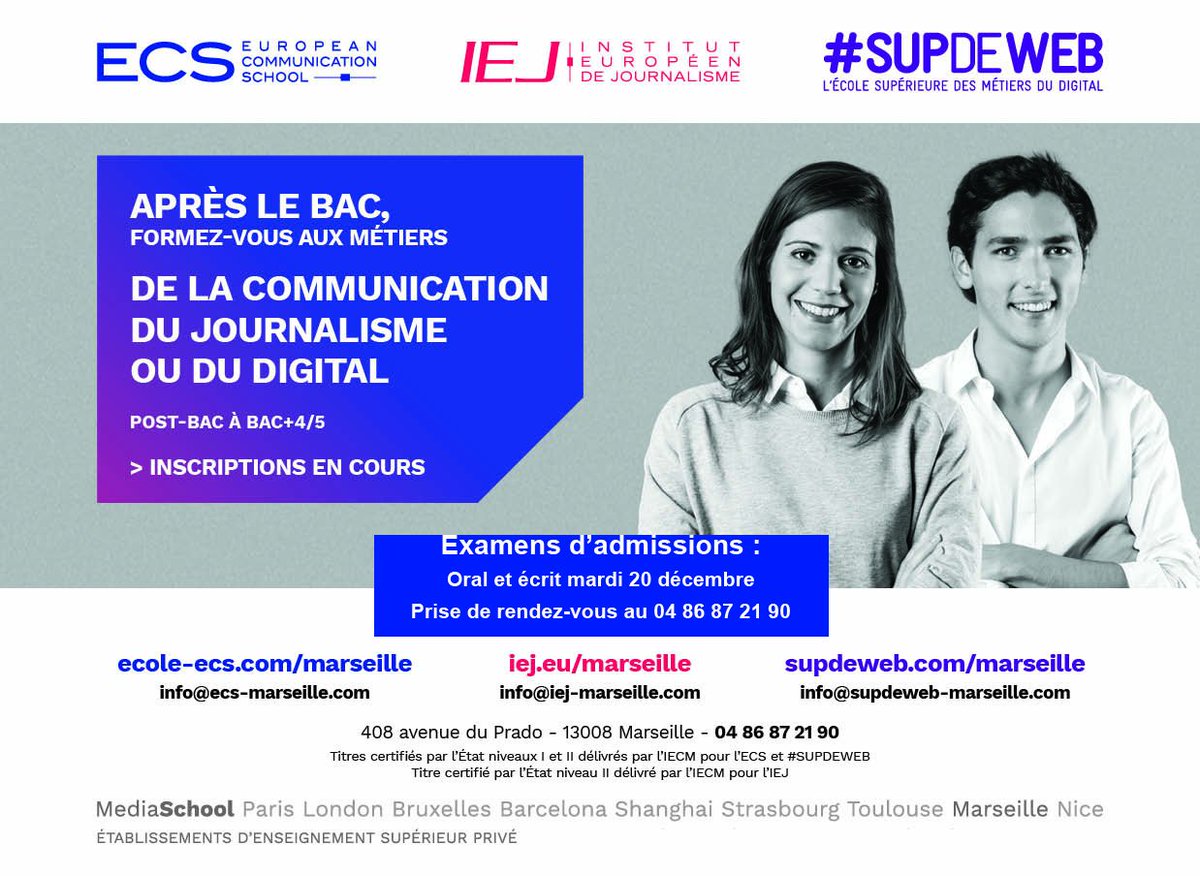 MS_Marseille's tweet photo. MediaSchool Marseille vous informe qu'une session d'examen d'admission aura lieu le mercredi 20 décembre. Prise de rendez-vous au 0486872190 https://t.co/SSeDVUfppT