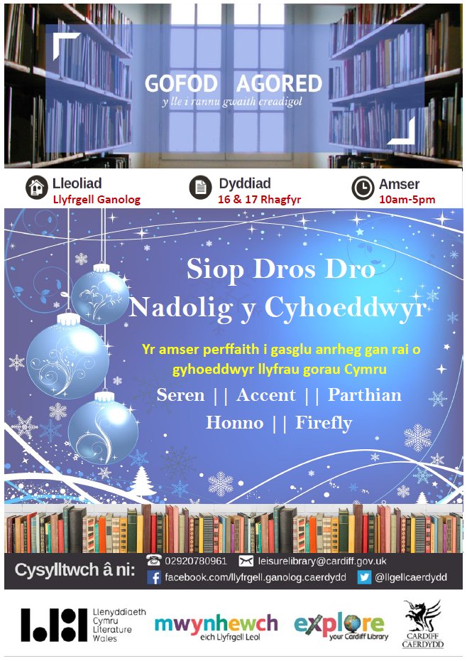 Ar 16 – 17 Rhagfyr bydd Siop Dros Dro Natolig y Cyhoeddwyr yn agor yn #GofodAgored <a href="/llgellcaerdydd/">Llyfrgelloedd C'dydd</a>: