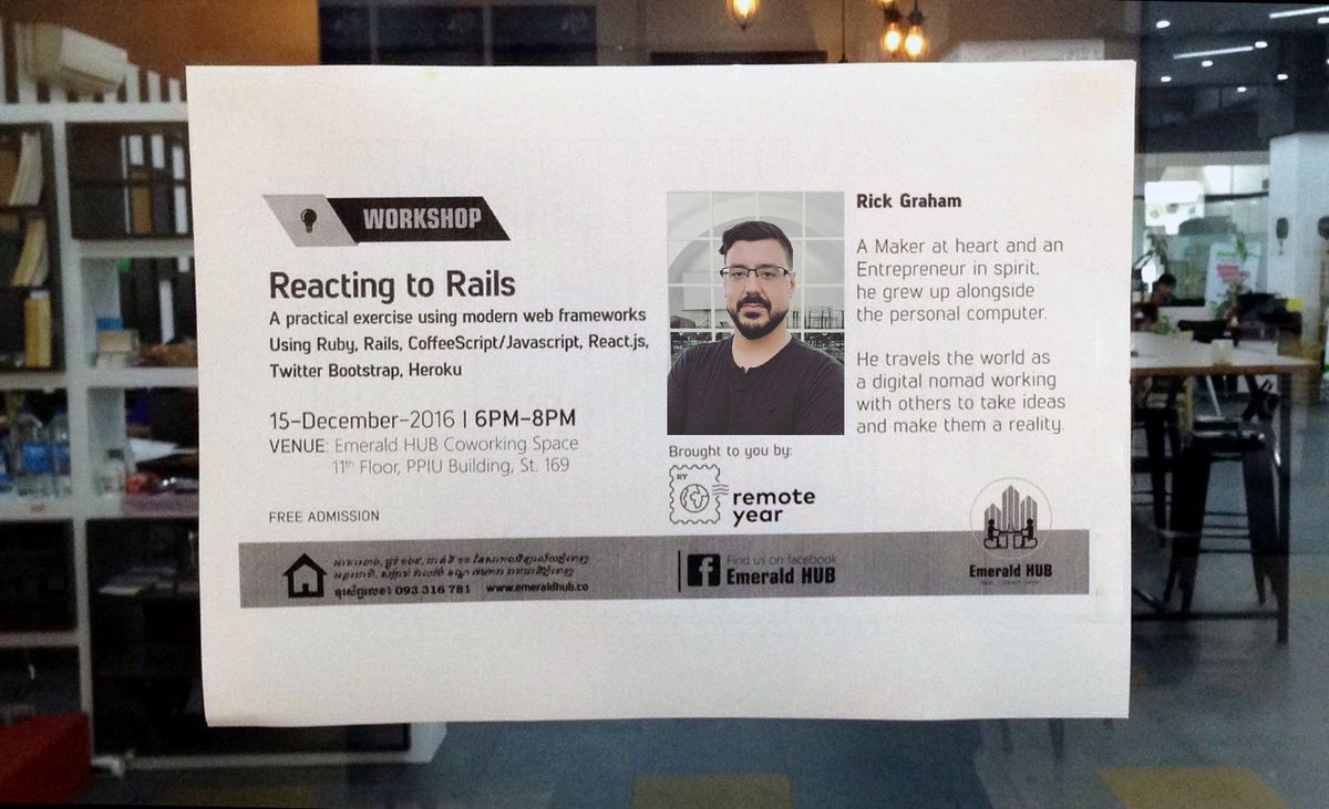 radd_rick's tweet photo. #reactjs #javascript #rails #ruby #rubyonrails #workshop #skillshare #emeraldhub #phnompenh #cambodia https://t.co/eT0EIAyOeN