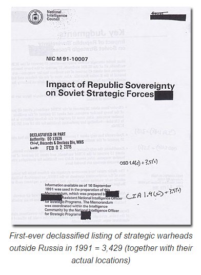 NSArchive's tweet image. First declassified listing of strategic warheads outside Russia in 1991 = 3,429 (w/locations) nsarchive.gwu.edu/NSAEBB/NSAEBB5… #FOIA #nunnlugar25
